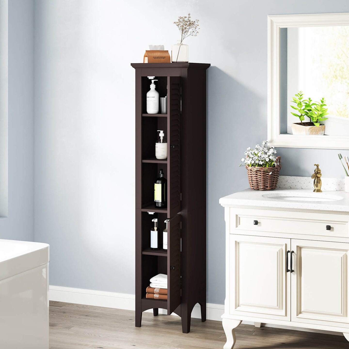Costway Tall Bathroom Floor Cabinet Narrow Linen Tower with 2 Doors &#x26; Adjustable Shelf Black/Coffee/Grey
