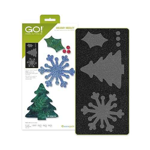 AccuQuilt GO! Holiday Medley Fabric Cutting Die &#x2013; Cuts Holly, Evergreen Trees, Snowflakes &#x2013; Perfect for Winter Quilting Projects, Scrapbooking, Appliqu&#xE9; &#x2013; Compatible with GO! Cutter Machines