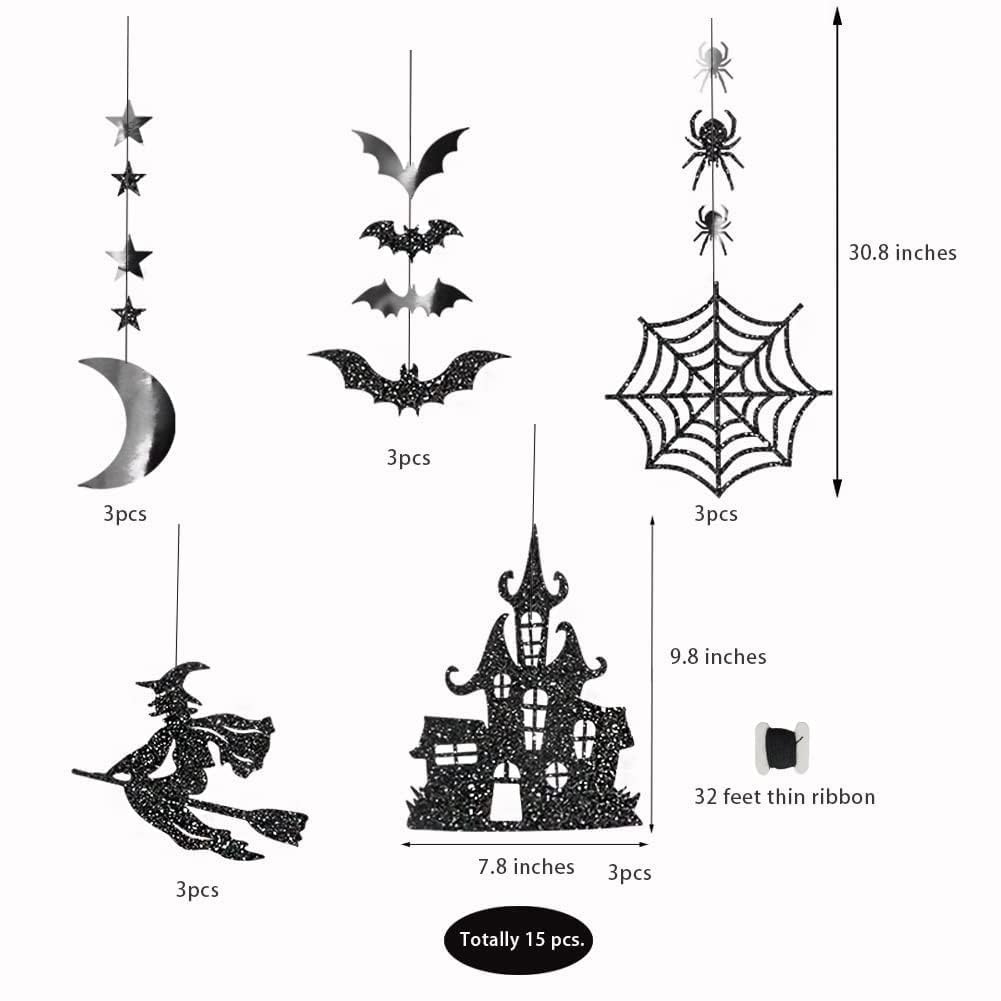 Halloween Witch Garland for Haunted House Decoration Black Glitter Gothic Sticker Decals Star Moon Hanging Streamers Backdrop for Halloween Party Birthday Baby Shower Office Classroom Decor