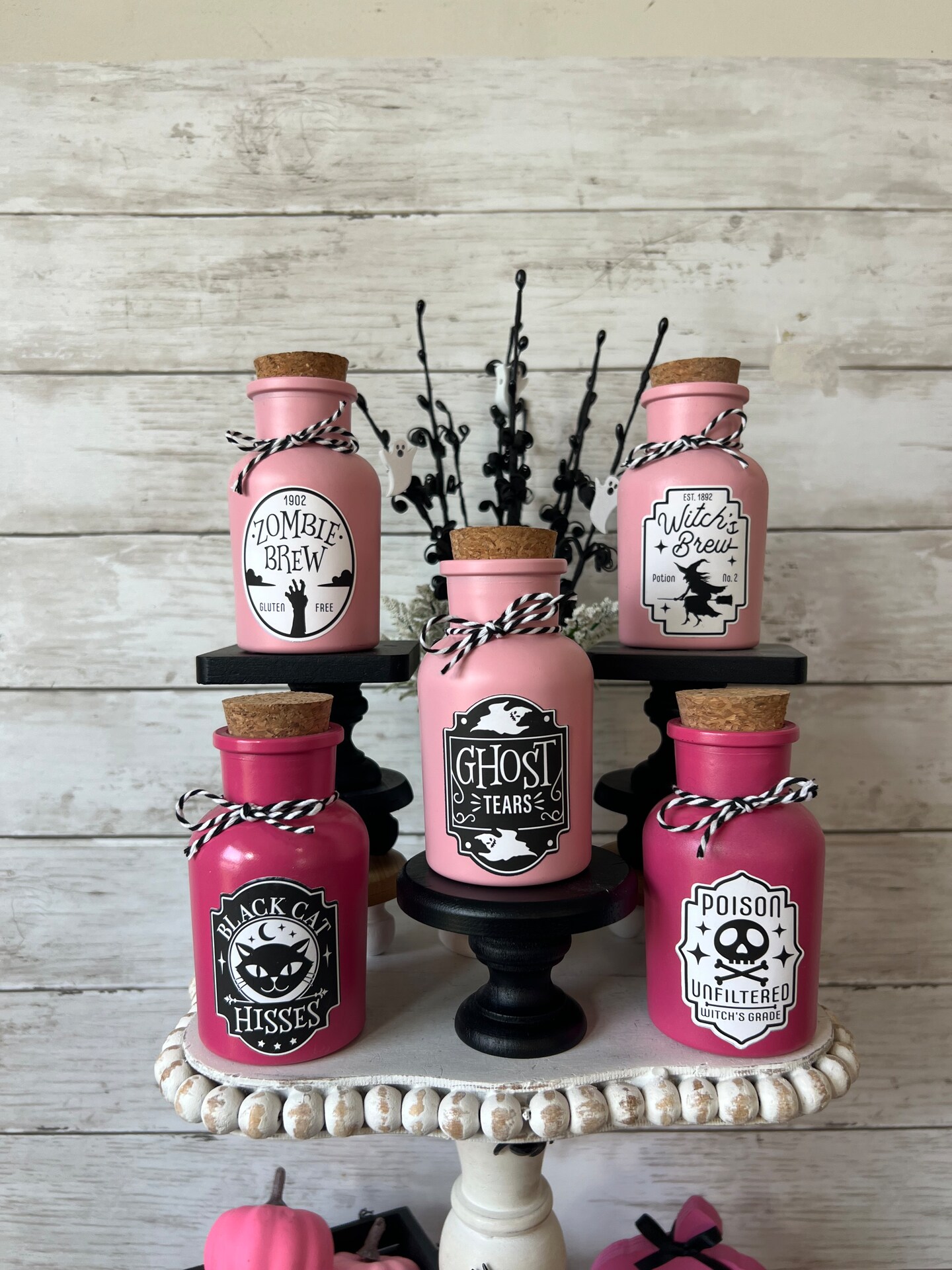 Halloween Potion Bottles Decor - Set Of 4 Glass Bottles With Corks & 12 Labels, Tiered Tray & Indoor Decorations
