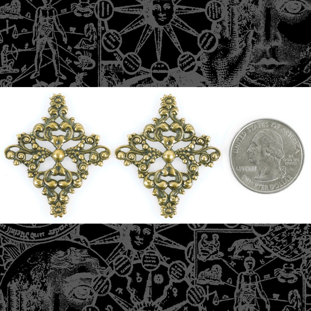 Antiqued Brass Large Floral Ornate Diamond Filigrees Wrap for Cameo Setting - Set of Two - AB-W30