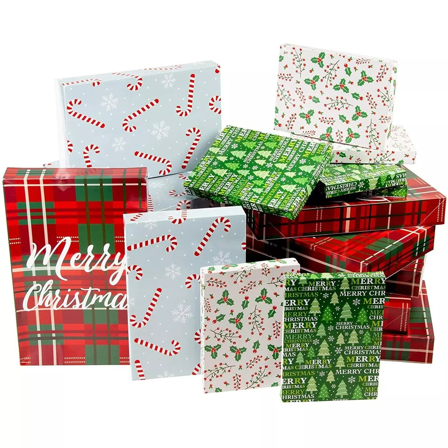 24 Pack Christmas Boxes for Gifts with Lids for Presents in 4 Designs, 3 Sizes