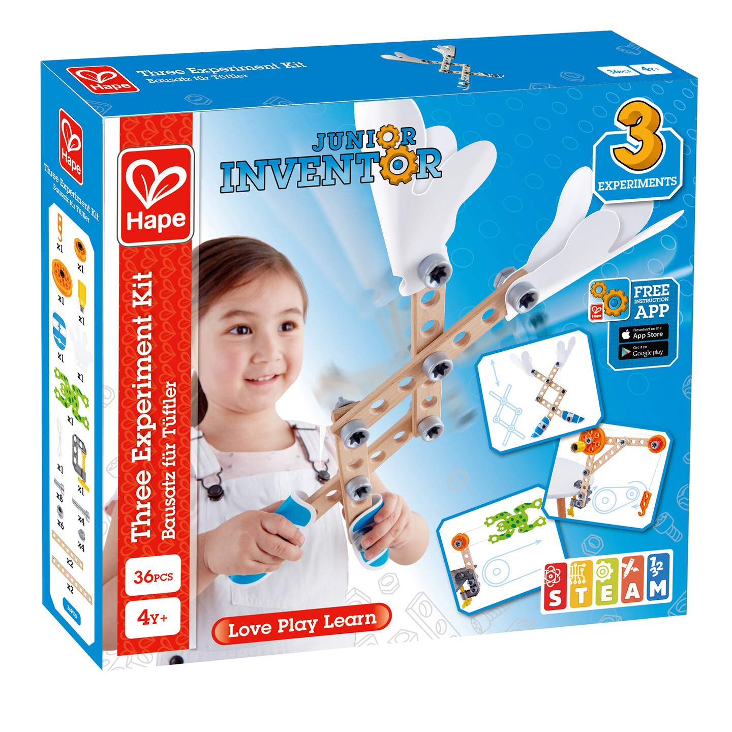 Hape: Junior Inventor: Three Experiment Kit&#xA0;- 36pcs, Wooden Building Toy Set, Mechanical &#x26; Movement STEM Learning, Science Playset, Kids Ages 4+