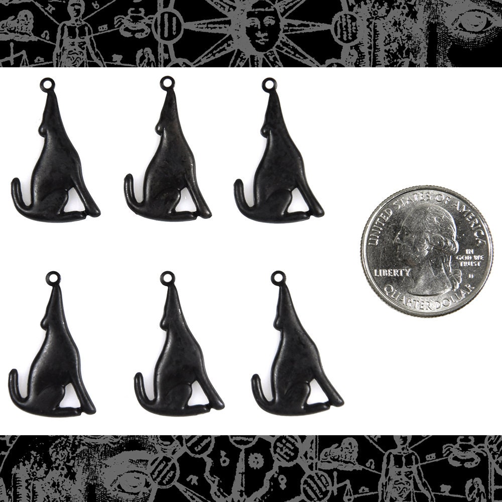 Black Plated Brass Howling Coyote or Wolf Charms - Set of Six - XXX - BB-C139