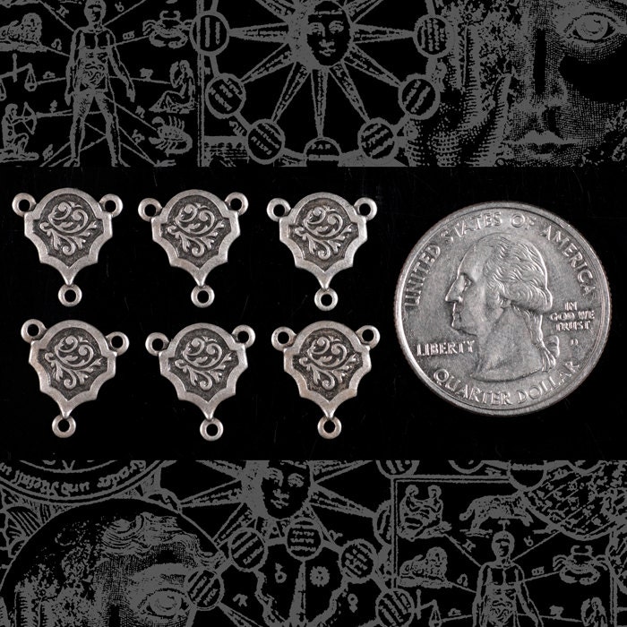 Antiqued Silver Plated Brass Art Deco Etched Shield Three Way Connectors - Set of Six - S-3C21