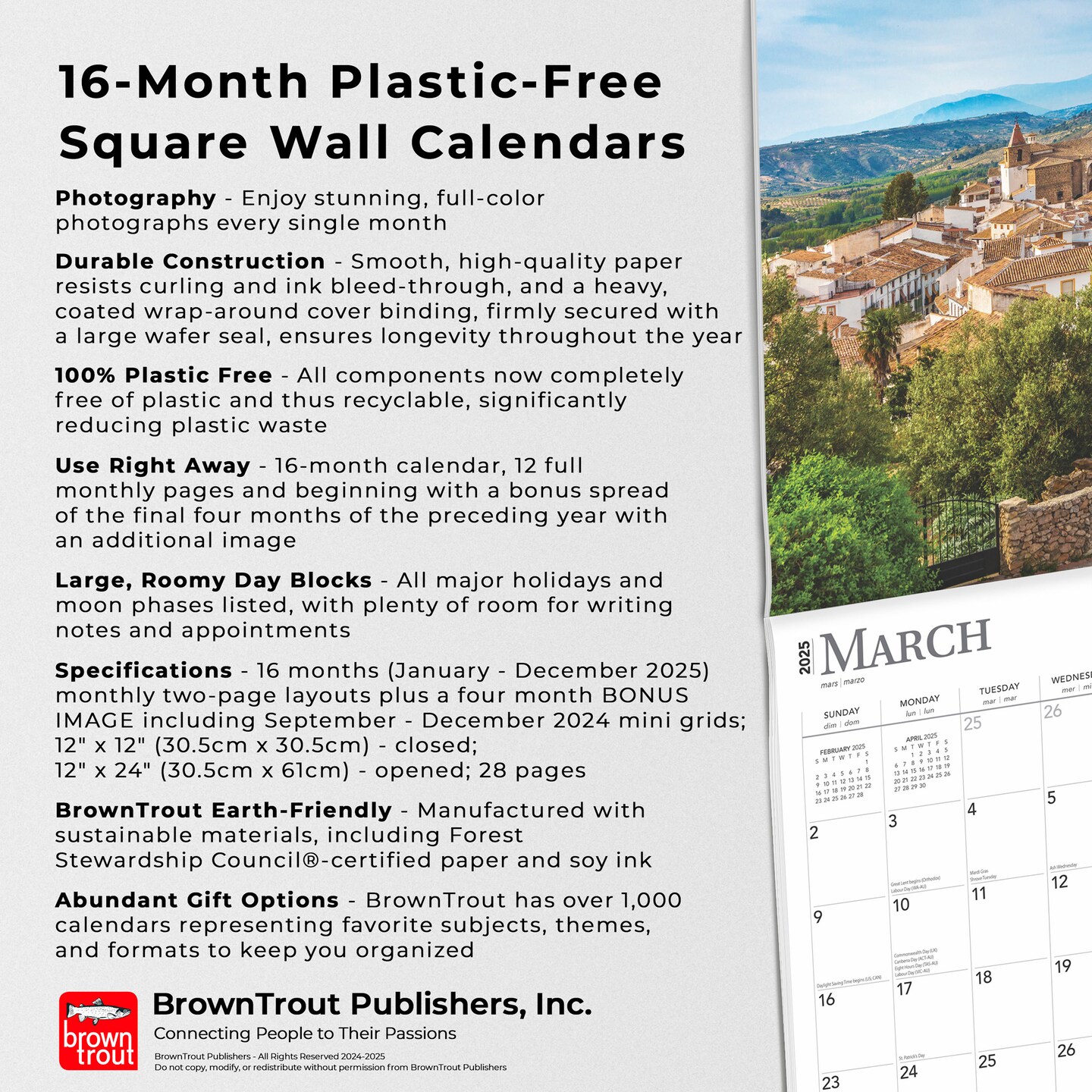 Spain | 2025 12 x 24 Inch Monthly Square Wall Calendar | Plastic-Free | BrownTrout | Travel Europe Madrid Barcelona