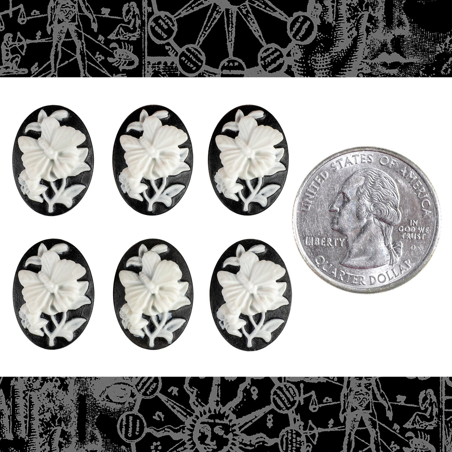 Black and White Butterfly and Flower Cameos 18mm x 13mm Cameos - Set of Six - XXX - CAM181