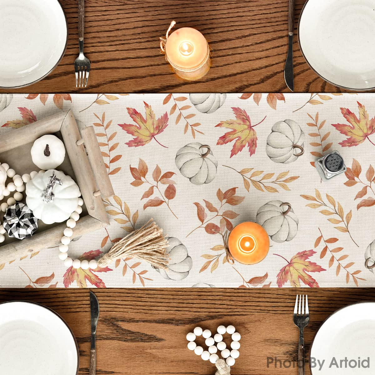 Orange Pumpkins Fall Maple Leaves Fall Table Runner, Seasonal Autumn Kitchen Dining Table Decoration for Home Party Decor 13x72 Inch