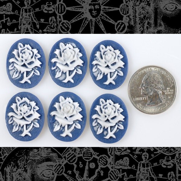 Denim Wedgwood Blue Rose Resin Cameos 18mm x 25mm - Set of Six - CAM50