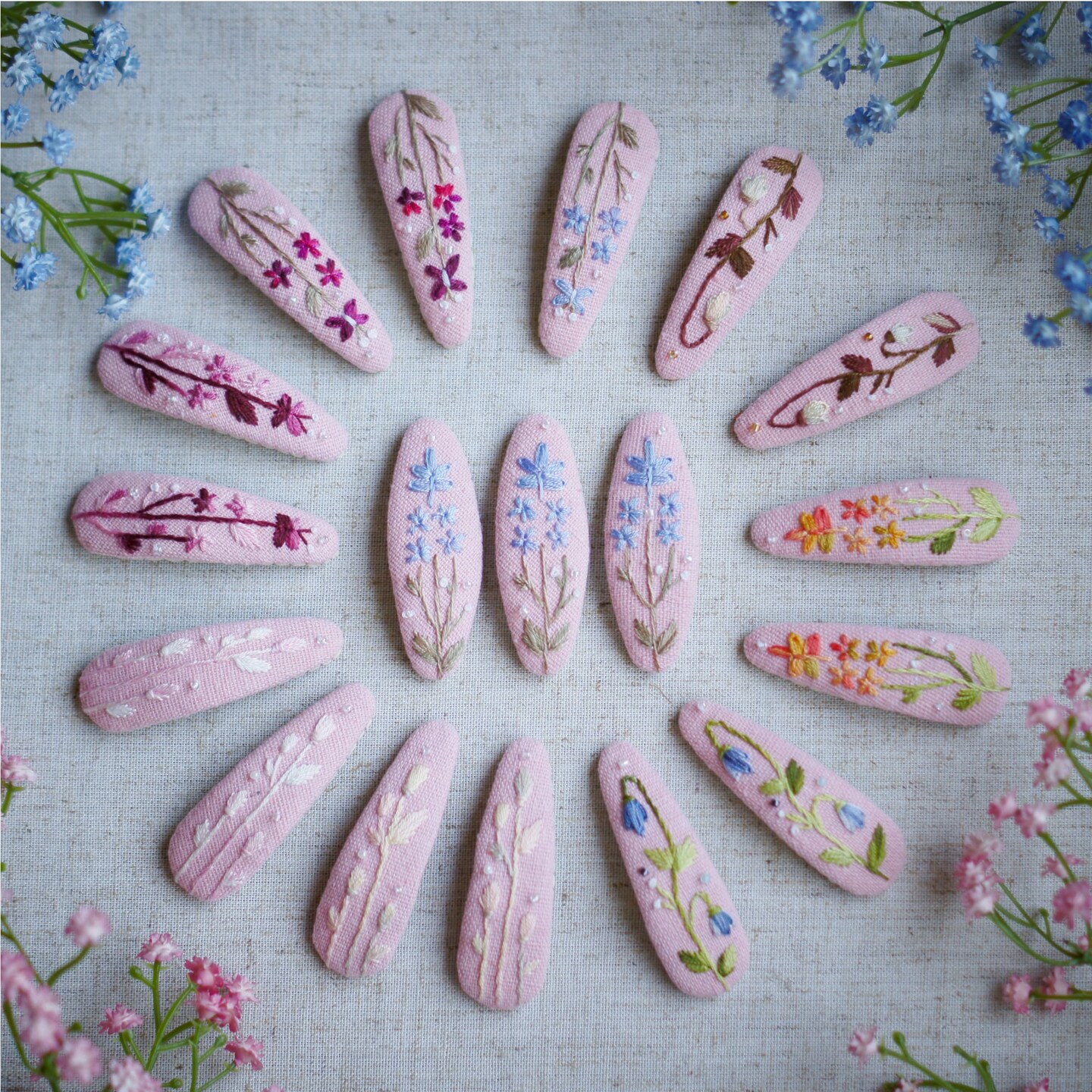 Pink Linen Hair Clips with Delicate Floral Embroidery, Hand