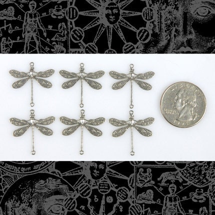 Antiqued Silver Plated Brass Medium Ornate Dragonfly Two Ring Connectors - Set of Six - S-2C13