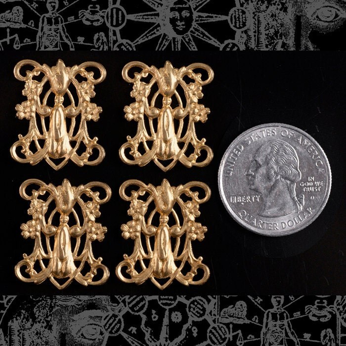 Raw Brass Decorative Filigree Four Ring Connectors - Set of Four - B-4C07