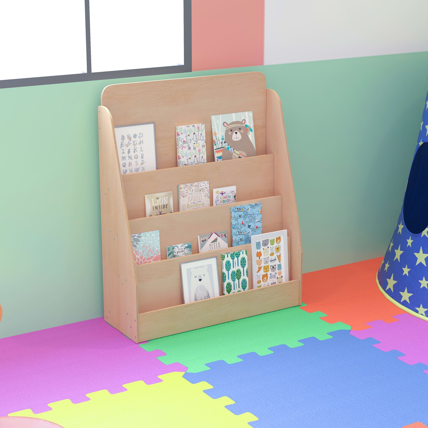 Emma and Oliver Kid&#x27;s Bookshelf or Toy Storage Shelf for Bedroom or Playroom in Wood Finish with Safe, Kid-Friendly Curved Edges