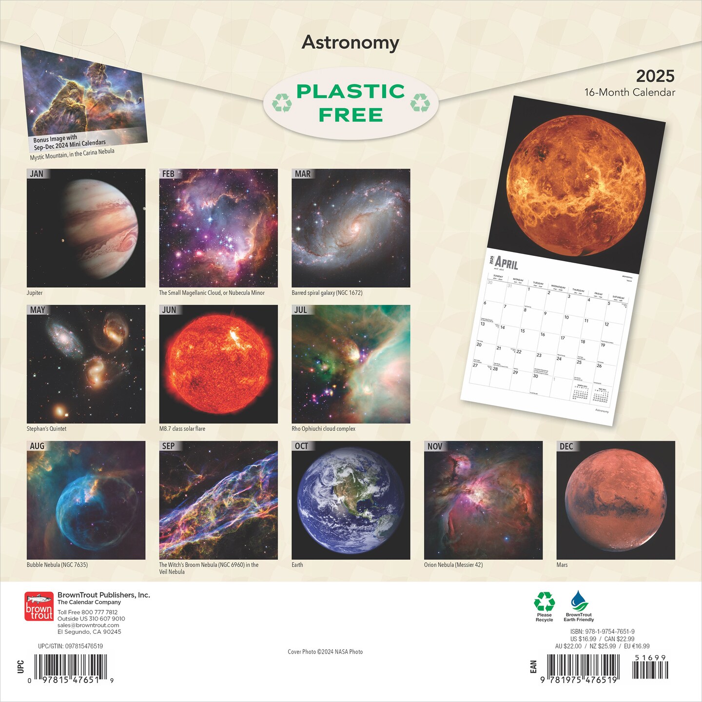 Astronomy | 2025 12 x 24 Inch Monthly Square Wall Calendar | Foil Stamped Cover | Plastic-Free | BrownTrout | Universe Space Nasa Hubble Telescope