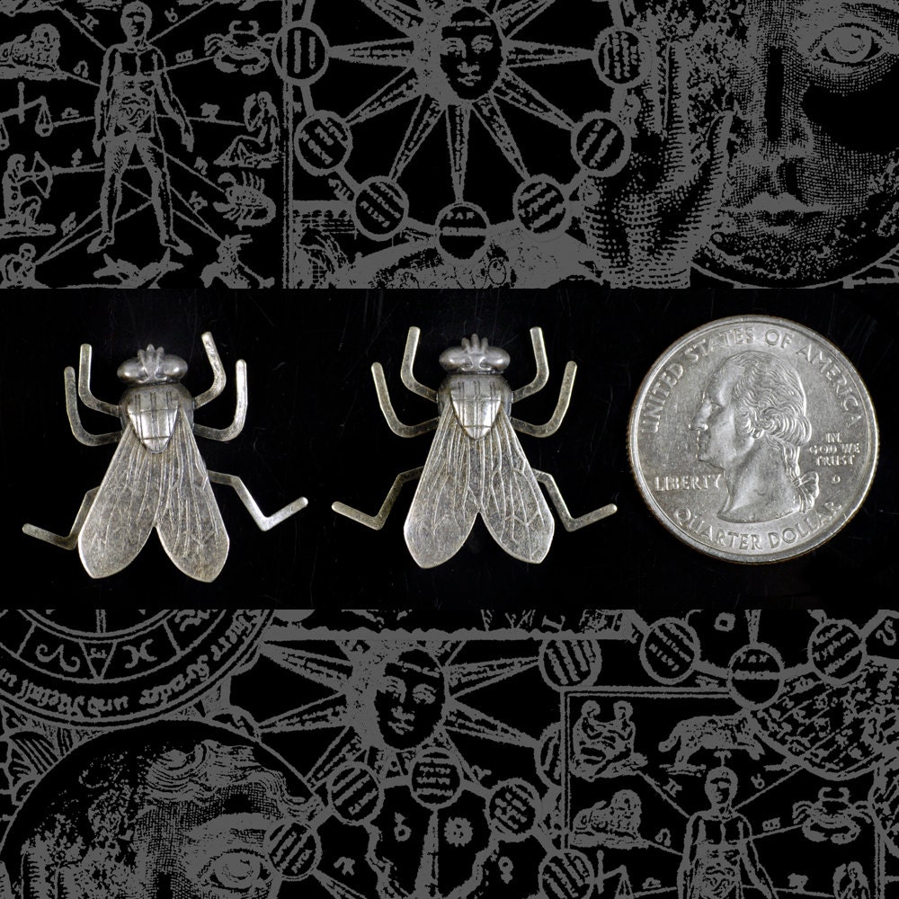 Antiqued Silver Plated Brass Life-Sized Fly Charms with Bendable Legs - Set of Two - XXX - S-C130