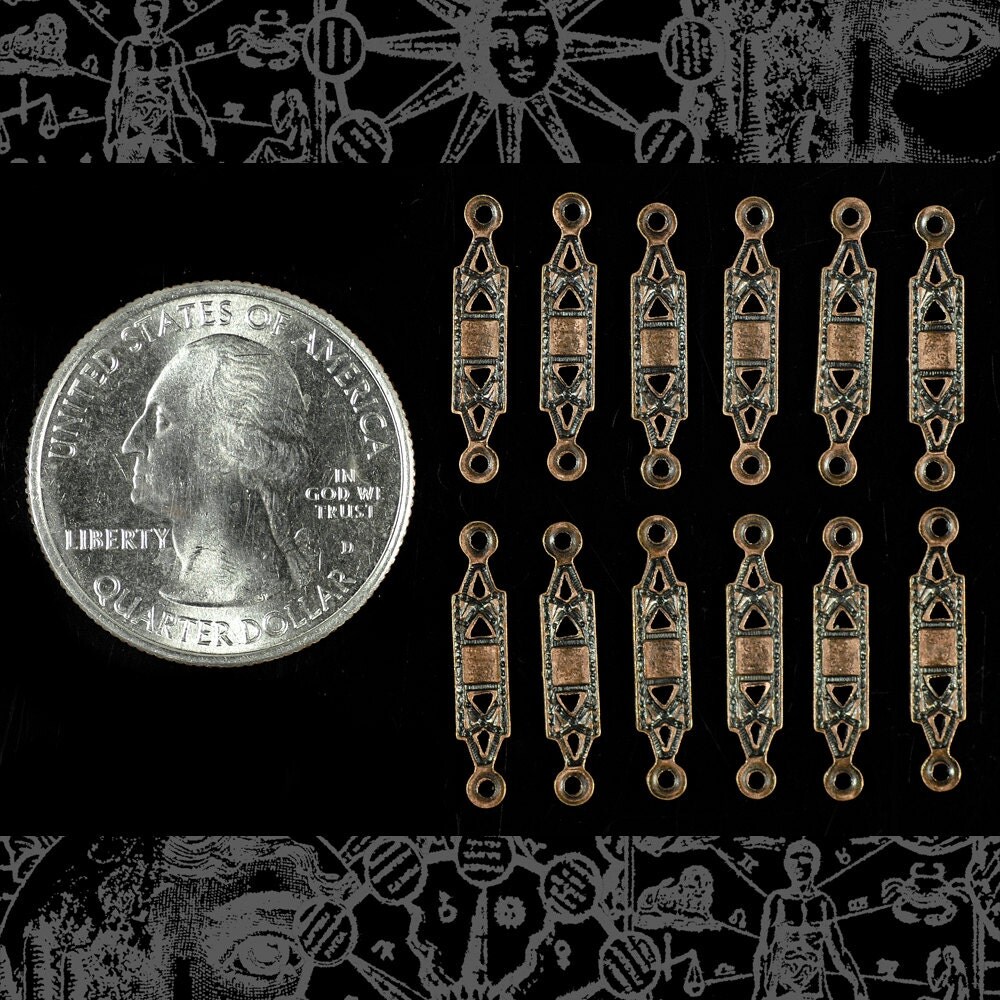 Antiqued Copper Plated Brass Small Bar Two Ring Connectors - Set of Twelve - C-2C57