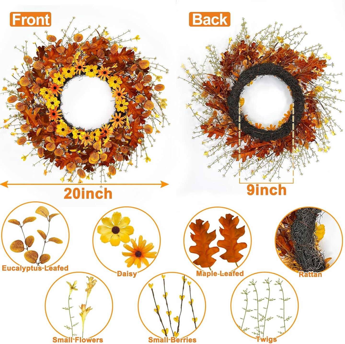 20 Inch 20 LED Fall Wreath with Lights, Fall Wreaths for Front Door