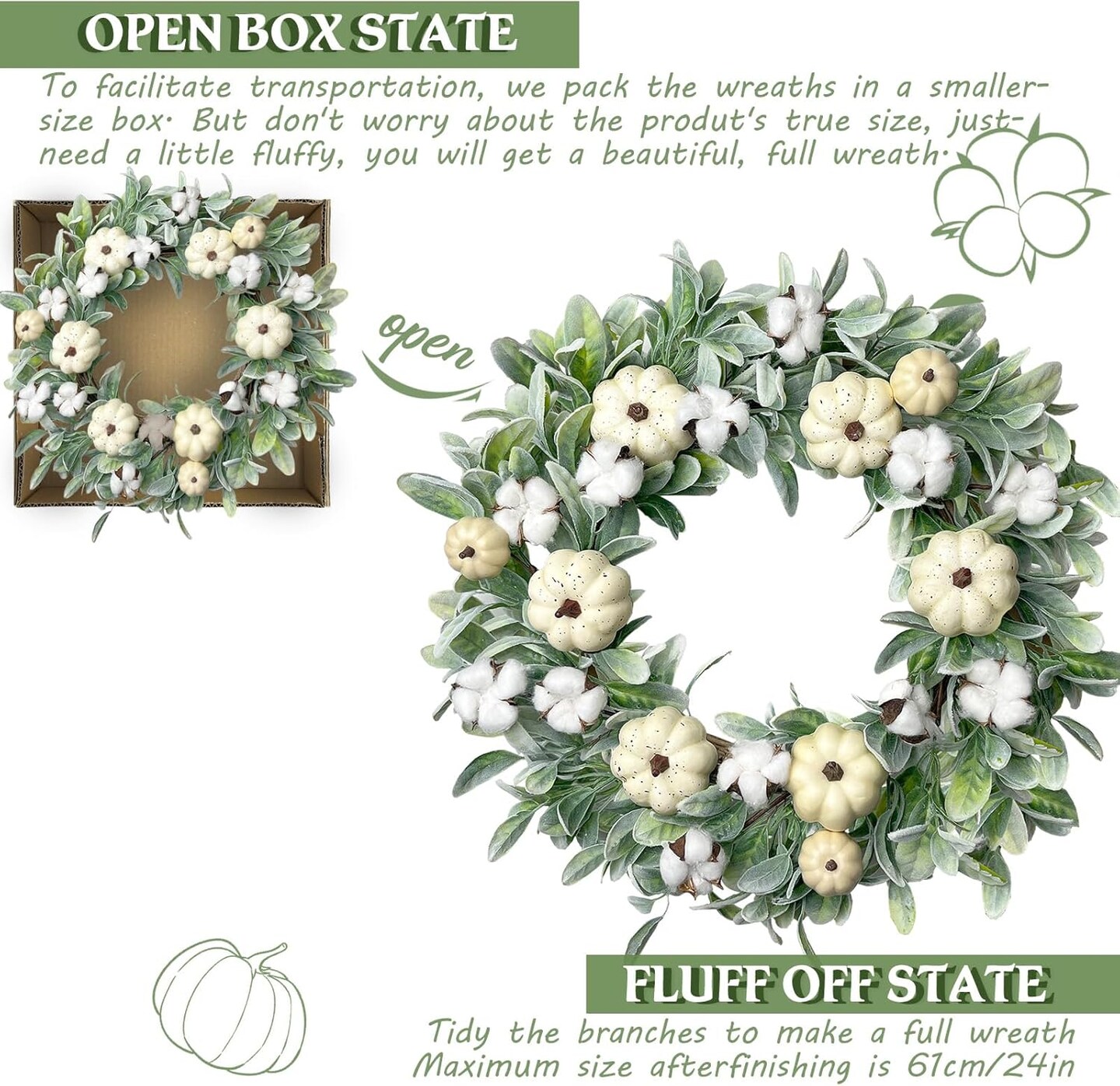 Outdoor Large Fall Door Eucalyptus Wreath with White Pumpkin,Thanksgiving Harvest Decorations,Home Porch Wall Decor