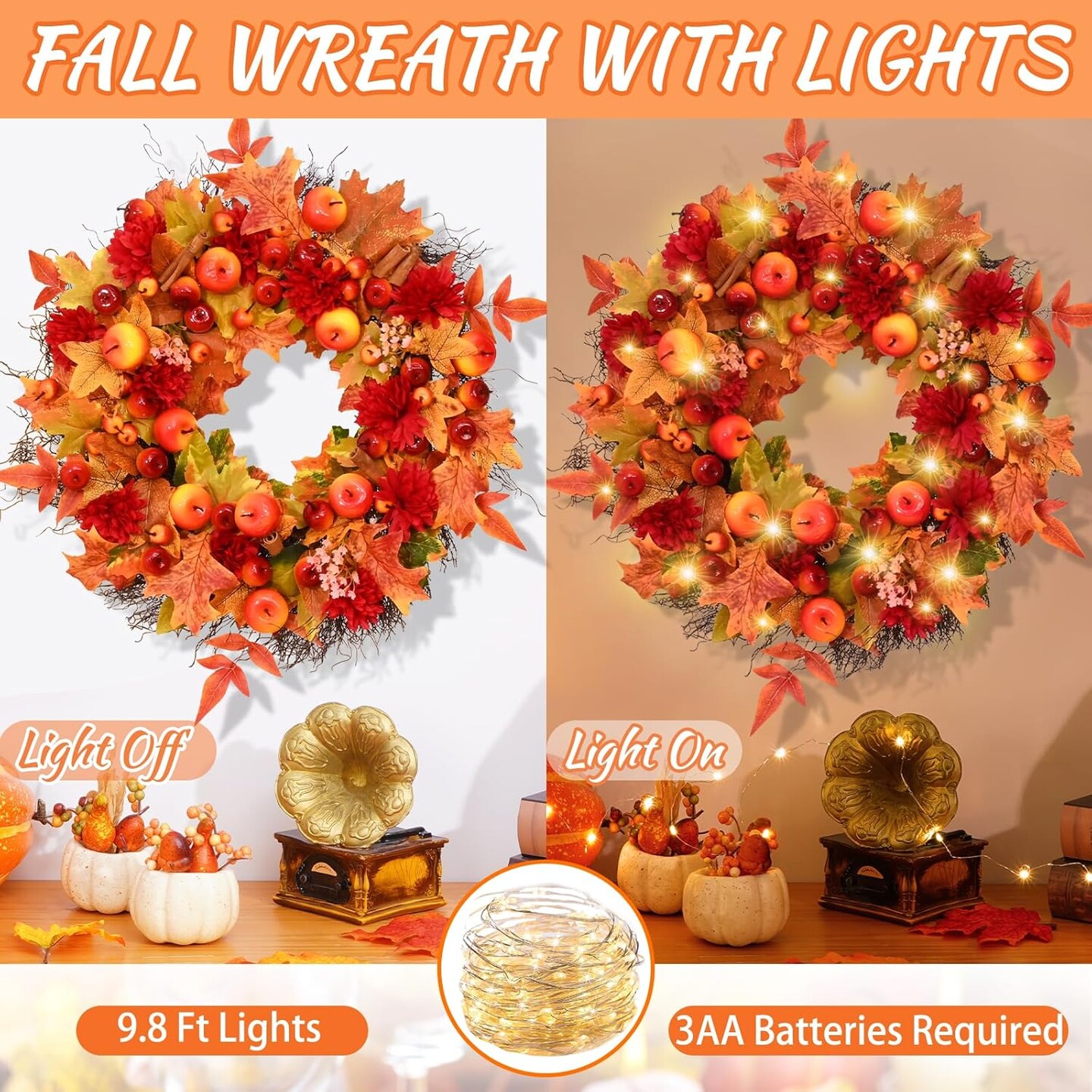 Fall Decorations Fall Wreaths for Front Door - 18 Inch Fall Wreath with Lights