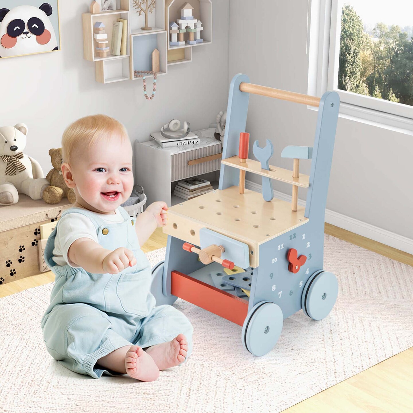 Costway 2-in-1 Wooden Baby Push Walker with Multi-Activity Center & Bottom Storage Toys