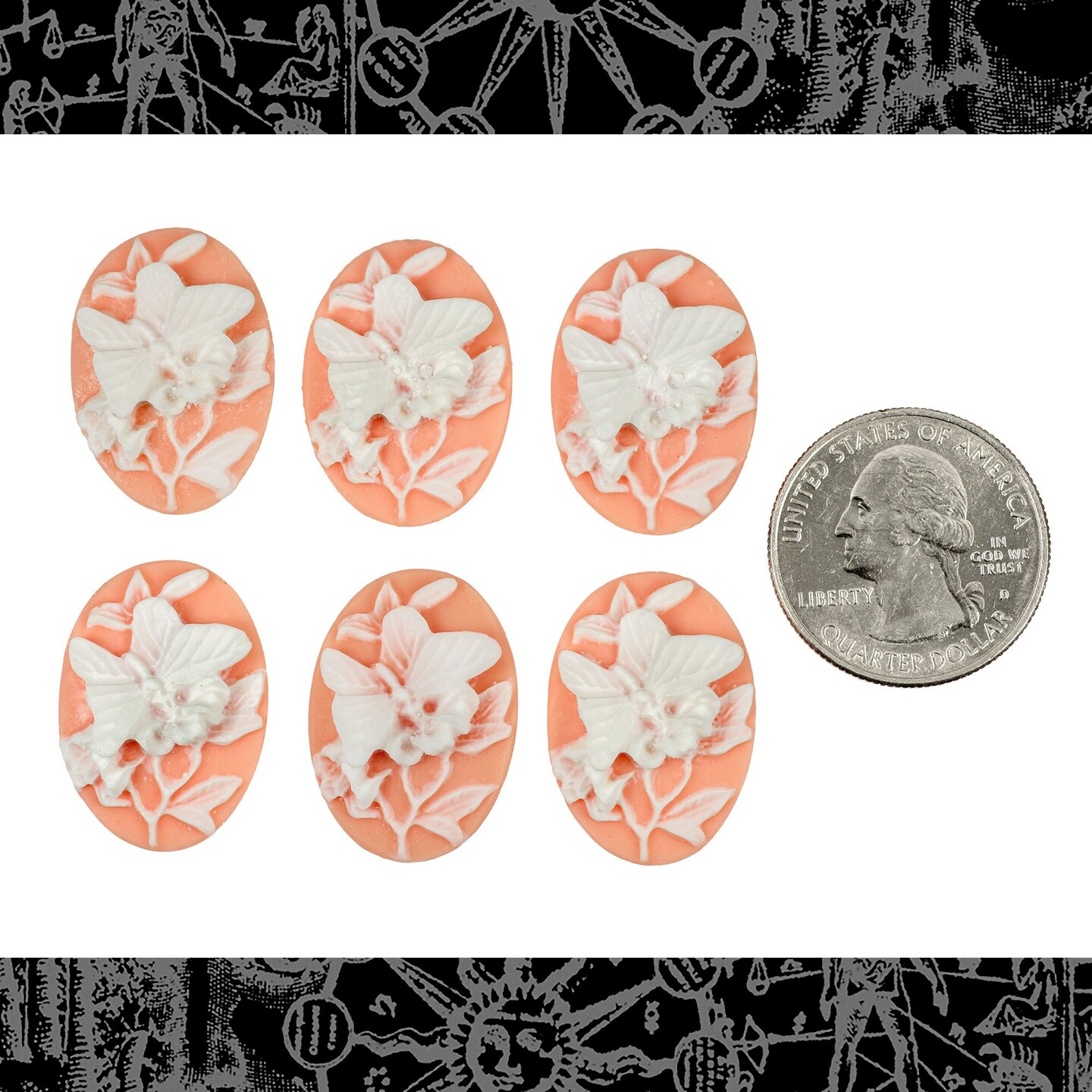 Pink and White Butterfly and Flower 25mm x 18mm Cameos - Set of Six  - CAM195
