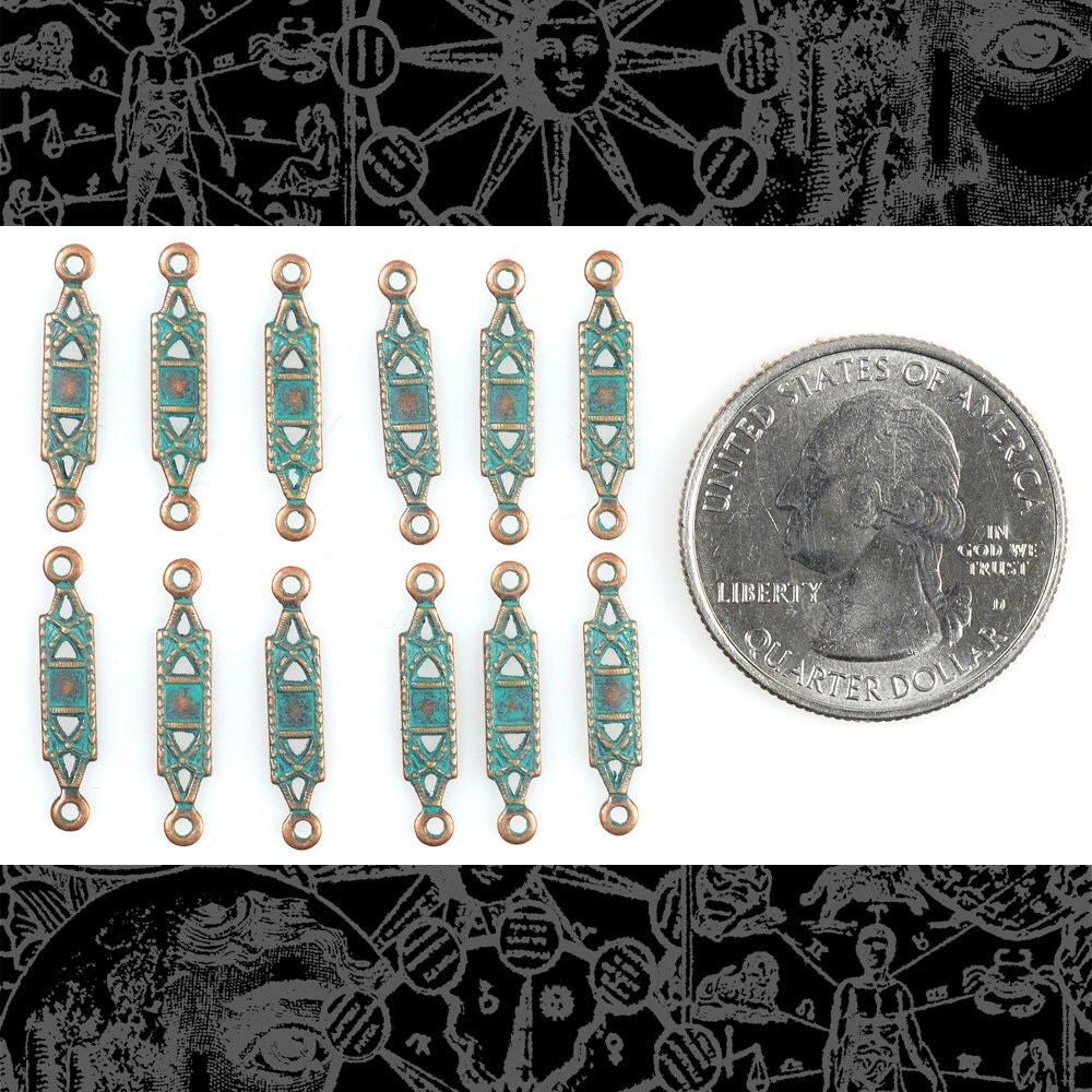 Verdigris Finished Brass Small Bar Two Ring Connectors - Set of Twelve - V-2C57