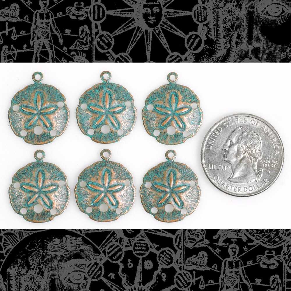Verdigris Finished Brass Small Sand Dollar Charms - Set of Six - V-C115