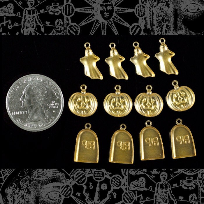Set of Twelve Raw Brass Halloween Charms Four Ghost Four Pumpkin and Four Gravestone Charms - B-CSet02