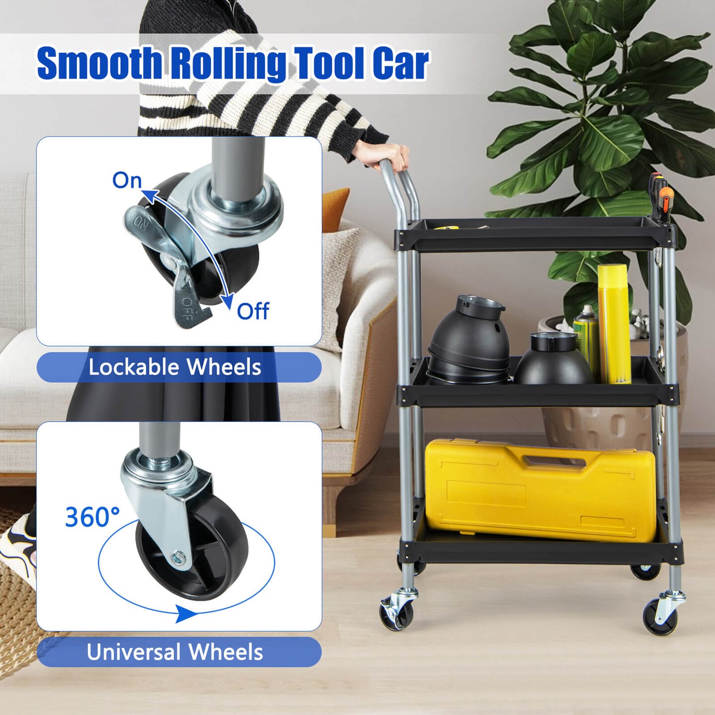 Costway 3 Layer Utility Rolling Tool Cart with Lockable Universal Wheels Ergonomic Handle