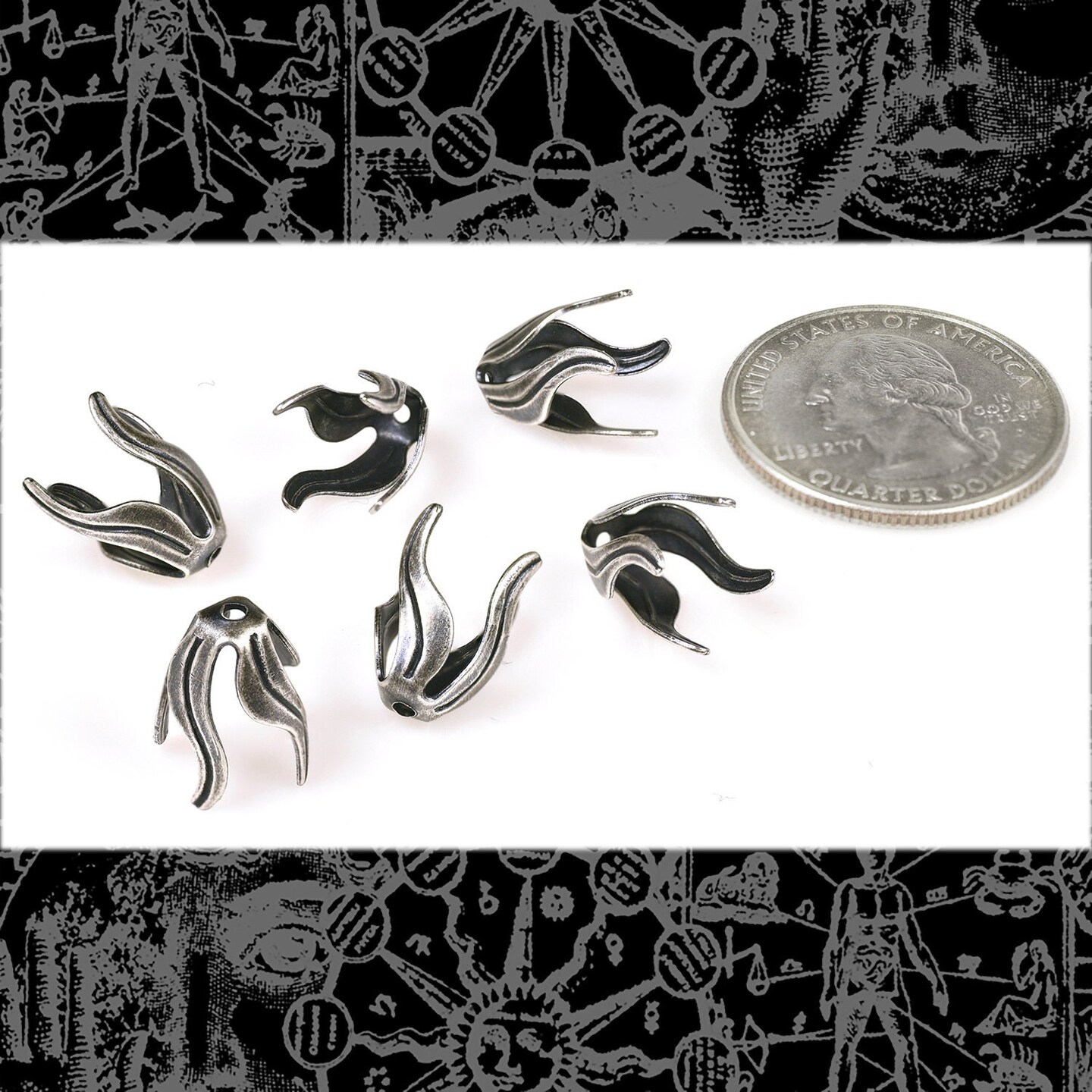 Antiqued Silver Plated Brass 8mm x 12mm Long Leaf Bead Caps -Set of Six - S-BC40