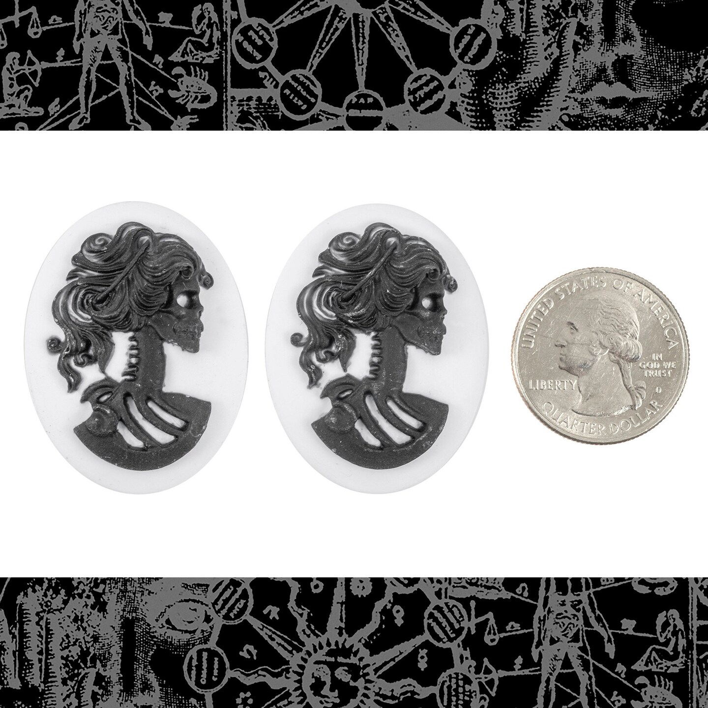 Black on White Skeleton Profile Lolita Resin 30mm x 40mm Cameos - Set of Two - XXX - CAM239