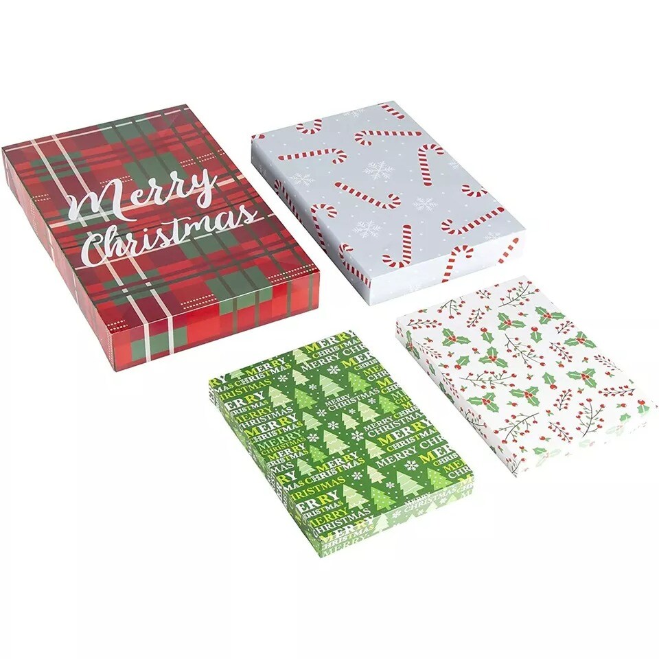 24 Pack Christmas Boxes for Gifts with Lids for Presents in 4 Designs, 3 Sizes