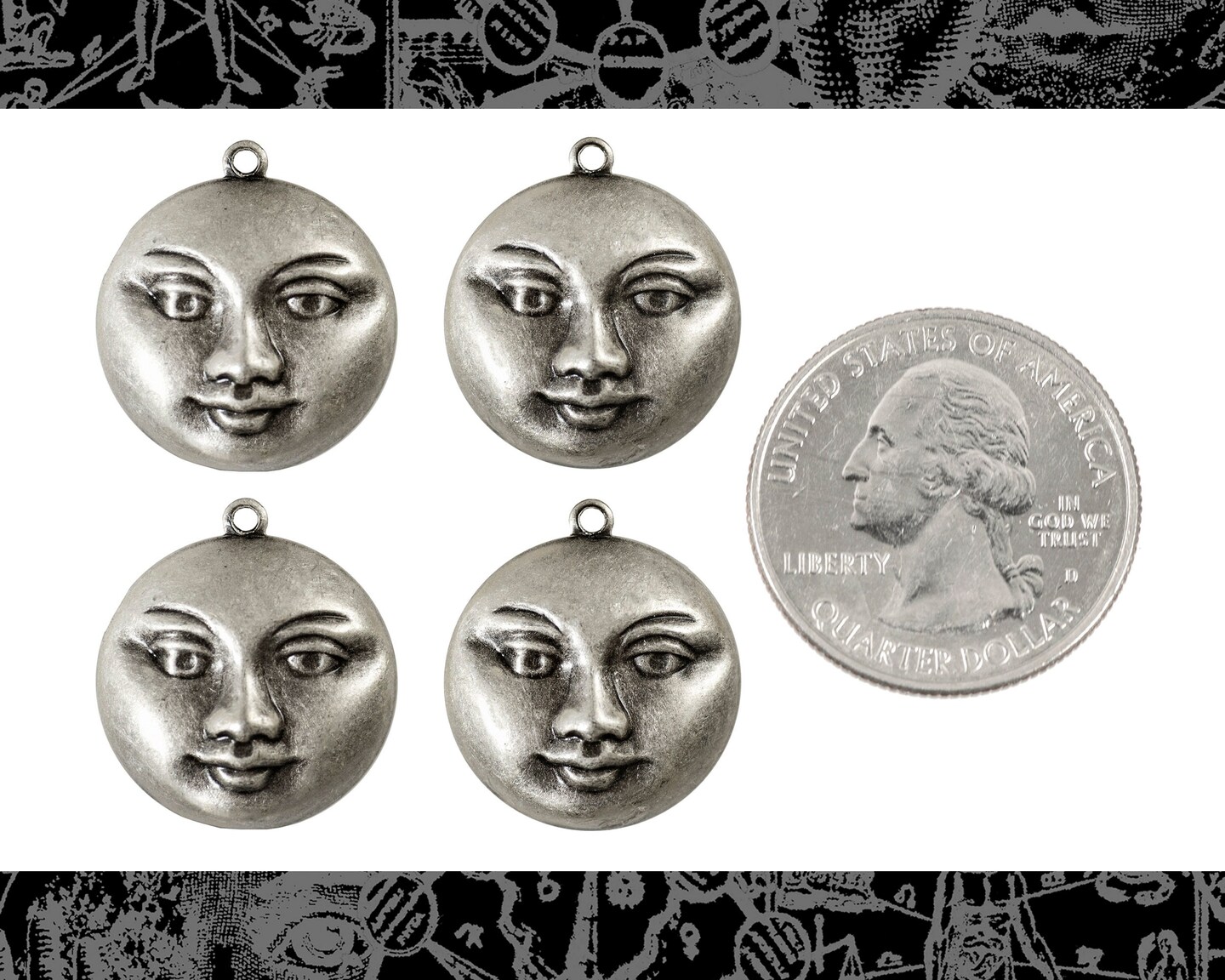 Antiqued Silver Plated Brass Full Moon Pendants - Set of Four - S-P90