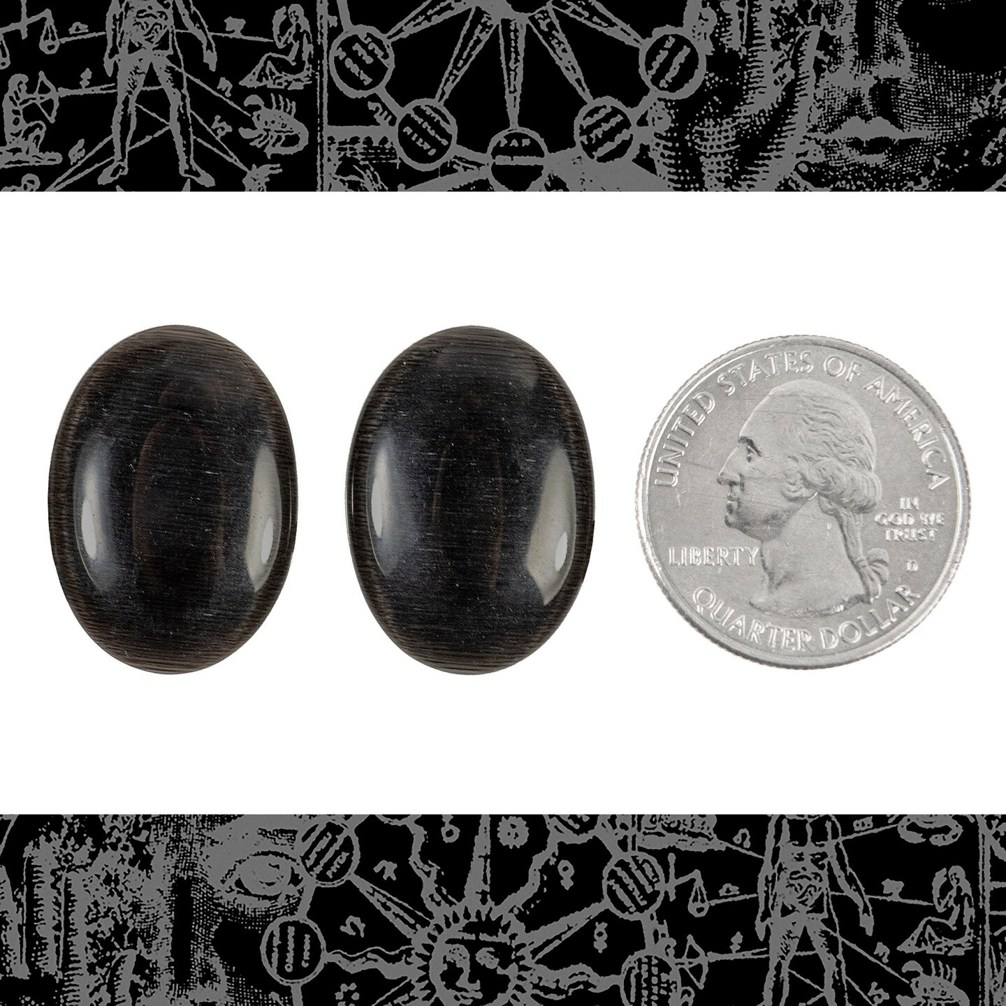 25mm x 18mm Black Glass Cat's Eye Cabochons - Set of Two - CAB56