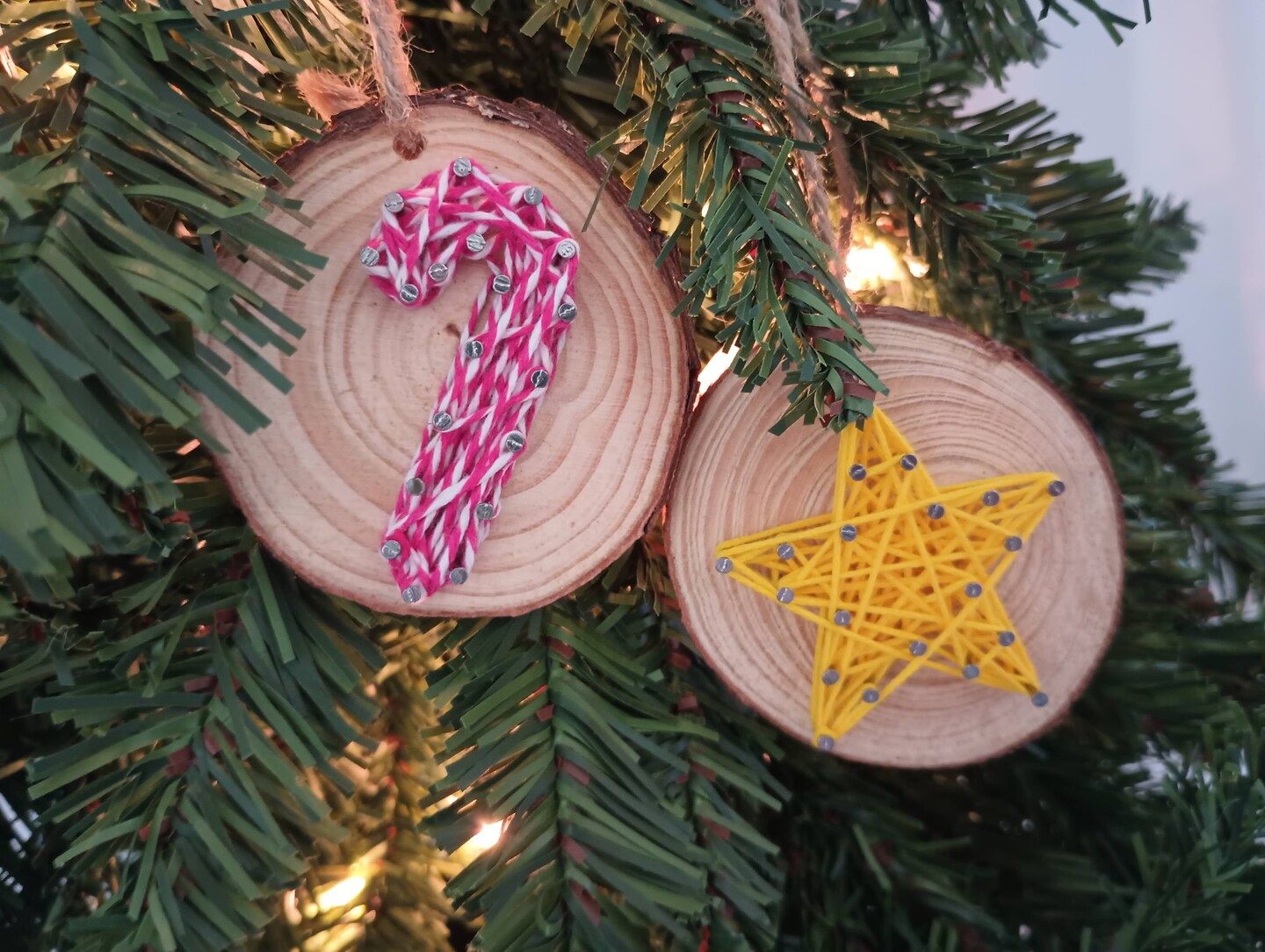 DIY Craft Kit Holiday String Art Christmas Candy Cane and Star Ornaments. Choose Pre-Nailed, Nails in Kit with Template, or Completed Set
