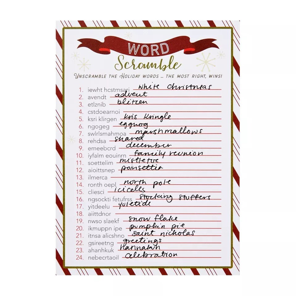 50 Sheets Christmas Word Scramble Game, Holiday Party Activity, 5 x 7 In