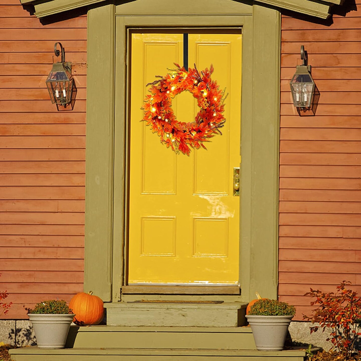 Lighted Fall Wreath with Metal Hanger, 16&#x22; Pre-lit Autumn Harvest Wreaths with 20 LED Lights