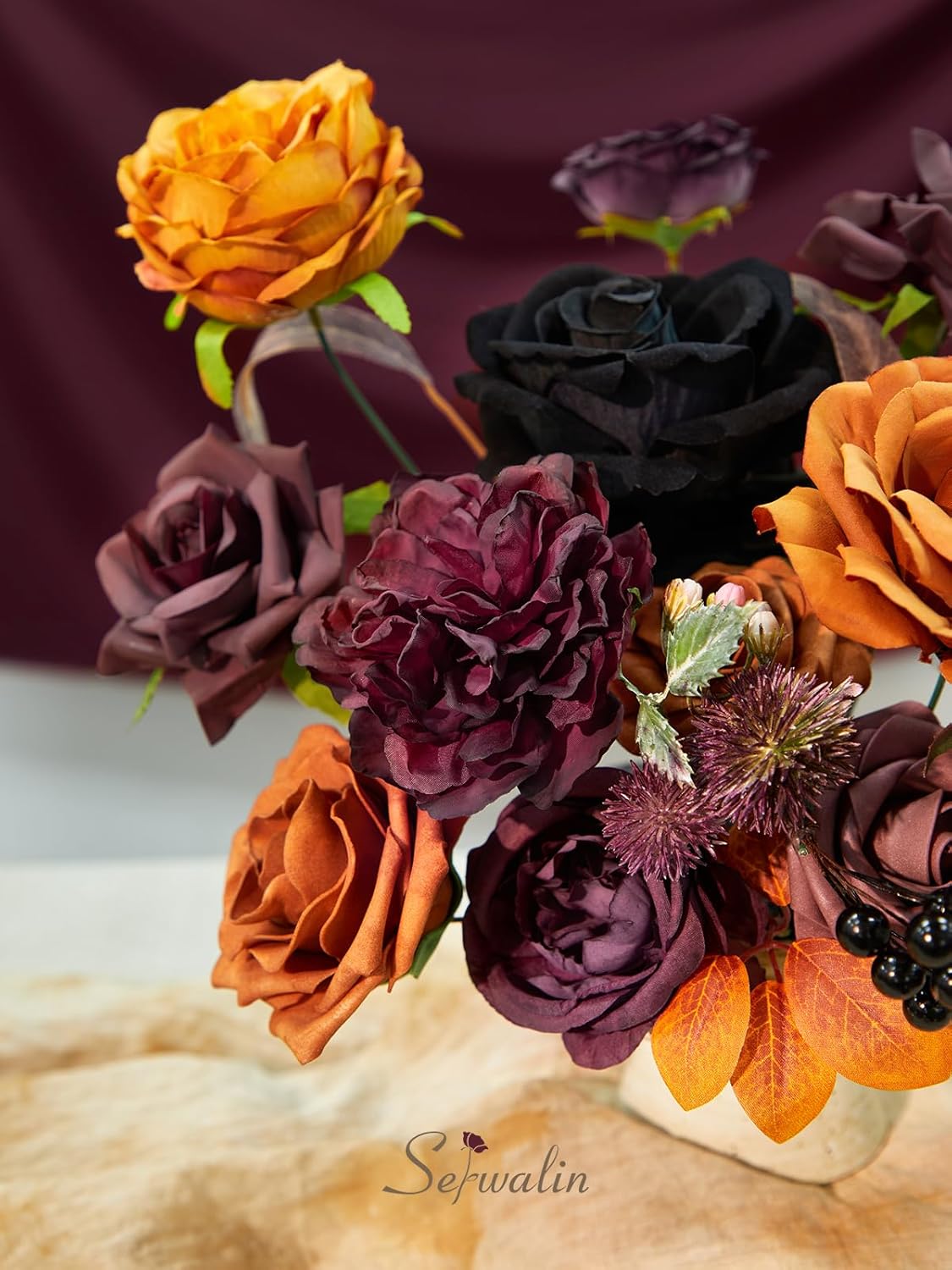 Fall Aritificial Flowers Orange Silk Flowers Purple Black Roses Fake Flowers for DIY Fall Centerpieces Boutonnieres Cake Flowers Fall Floral Home Decoration