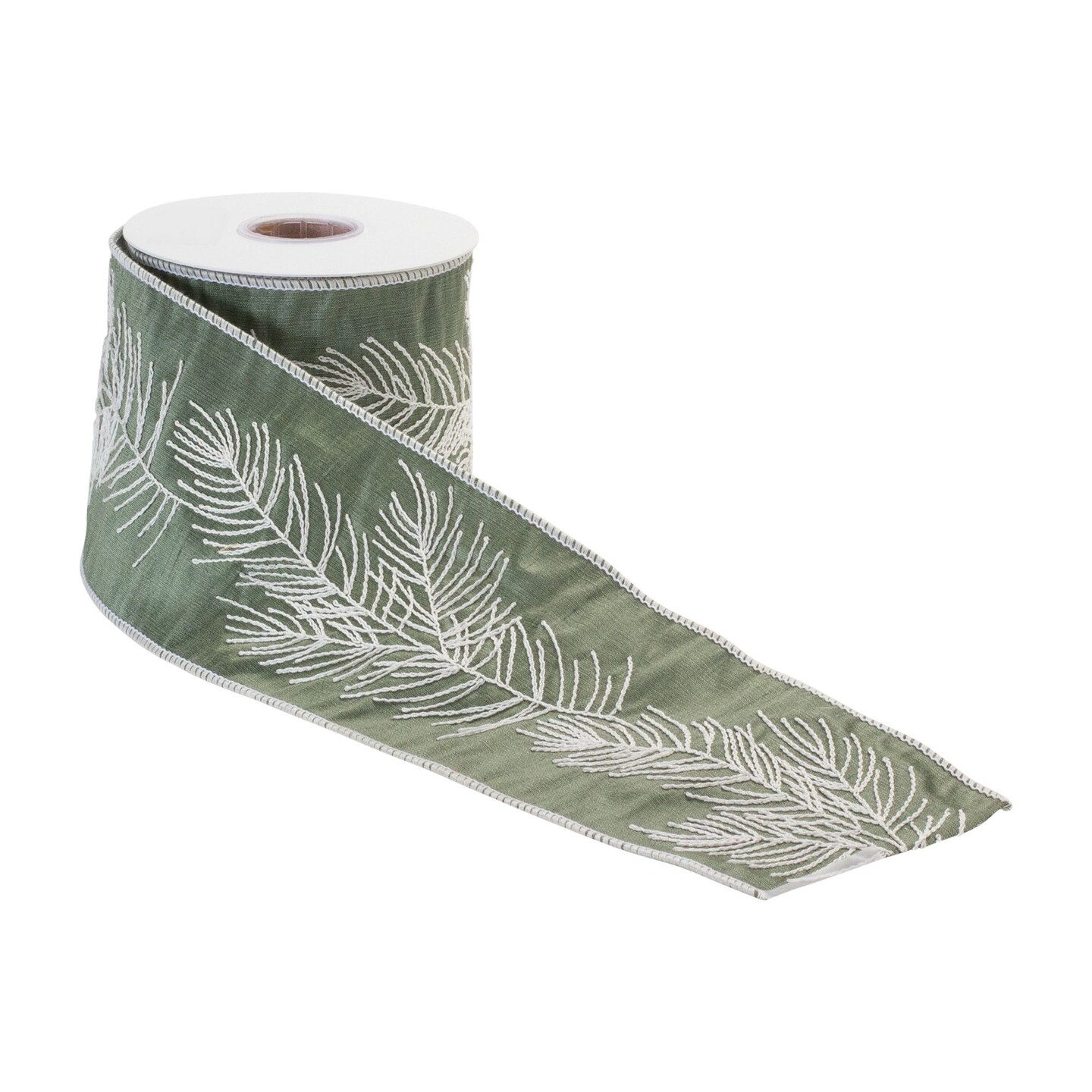 Melrose Pine Branch Christmas Wired Craft Ribbons - 4&#x22; x 5 Yards - Green and White