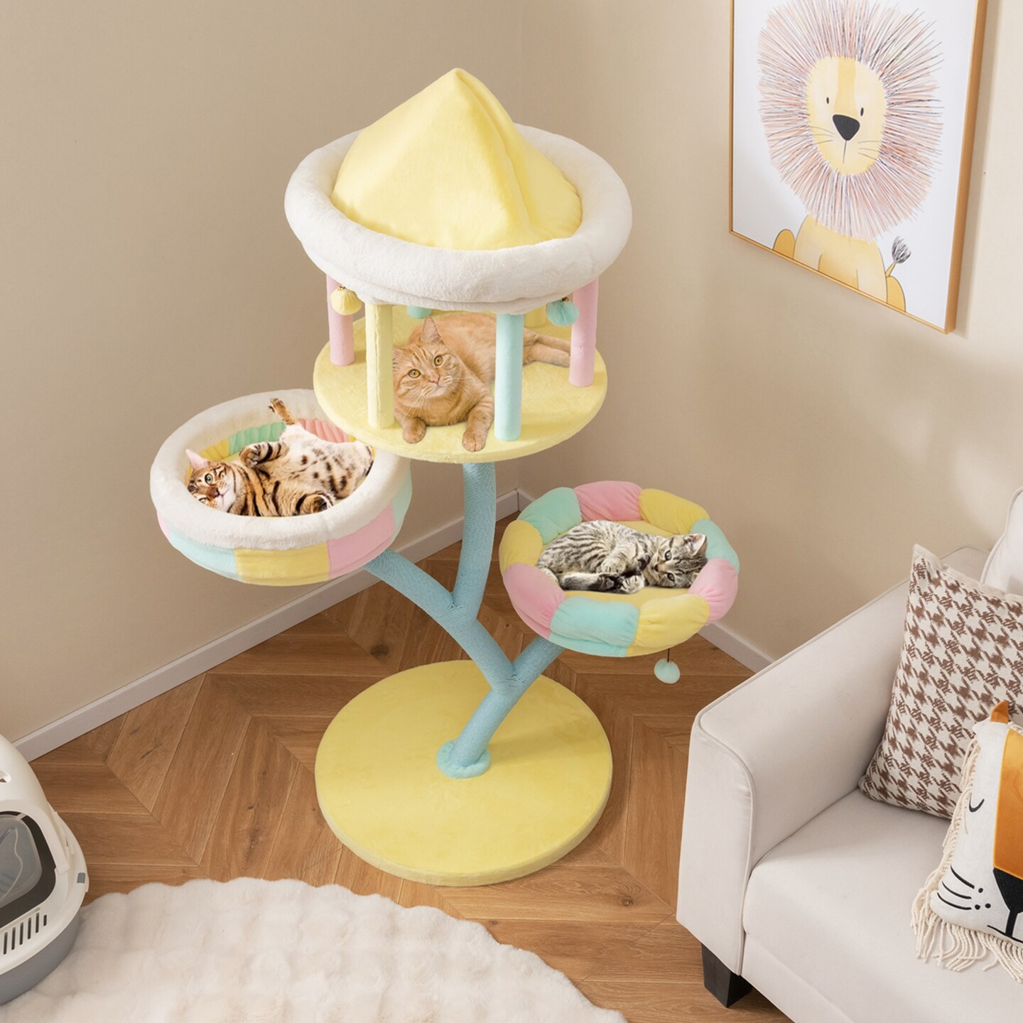 Costway Multi-Layer Cat Tree Cat Tower with Open Condo 2 Removable Perches Dangling Balls