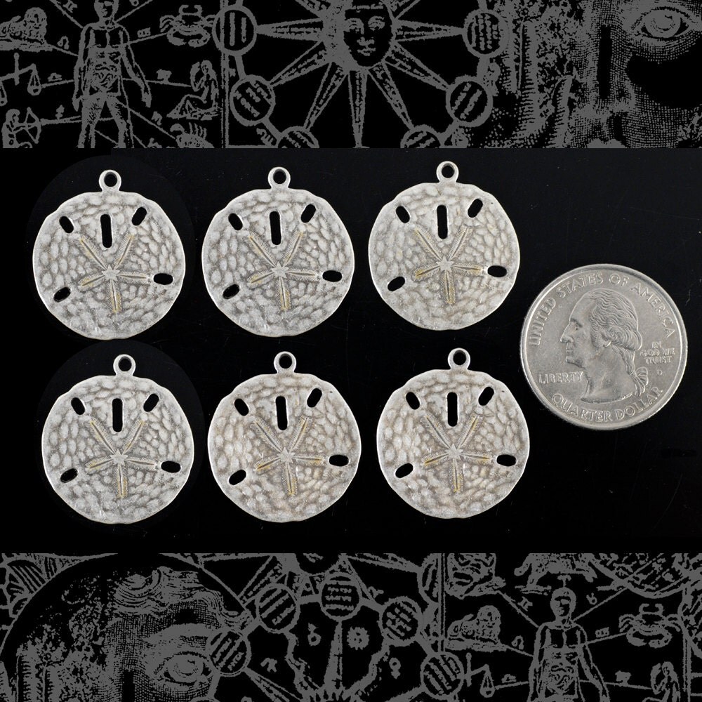 Antiqued Silver Plated Brass Larger Sand Dollar Charms - Set of Six - S-C118