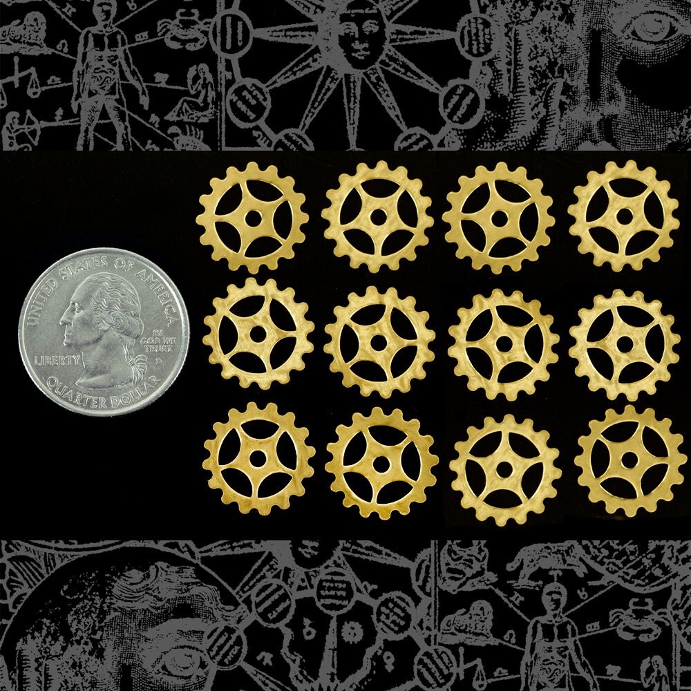 Raw Brass  16mm Floral Patterned Etched Steampunk Spoked Wheels Gears Charms - Set of Twelve - B-PG07
