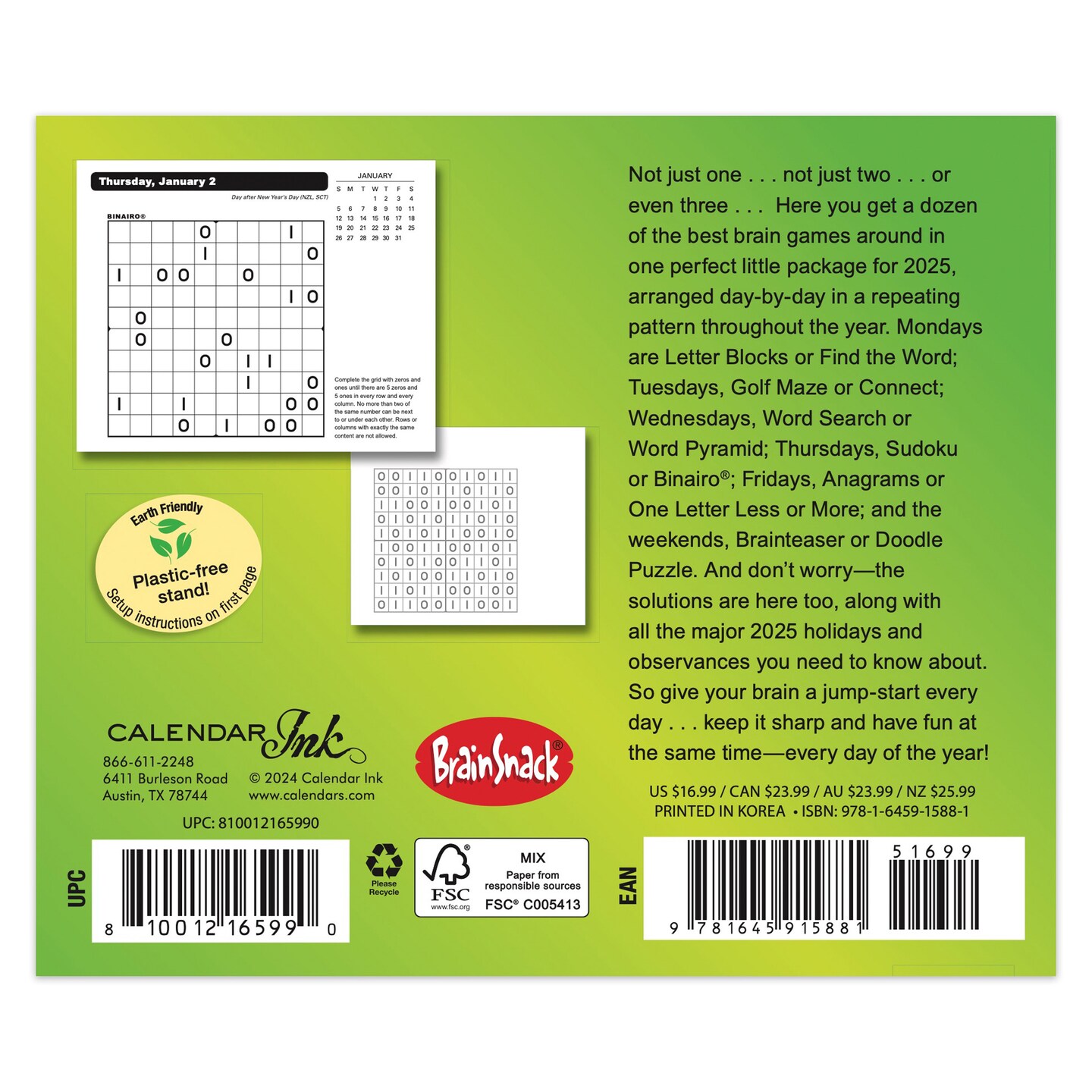 Brain Games | 2025 6 x 5 Inch Daily Desktop Box Calendar | New Page Every Day | Cal Ink | Puzzle Trivia