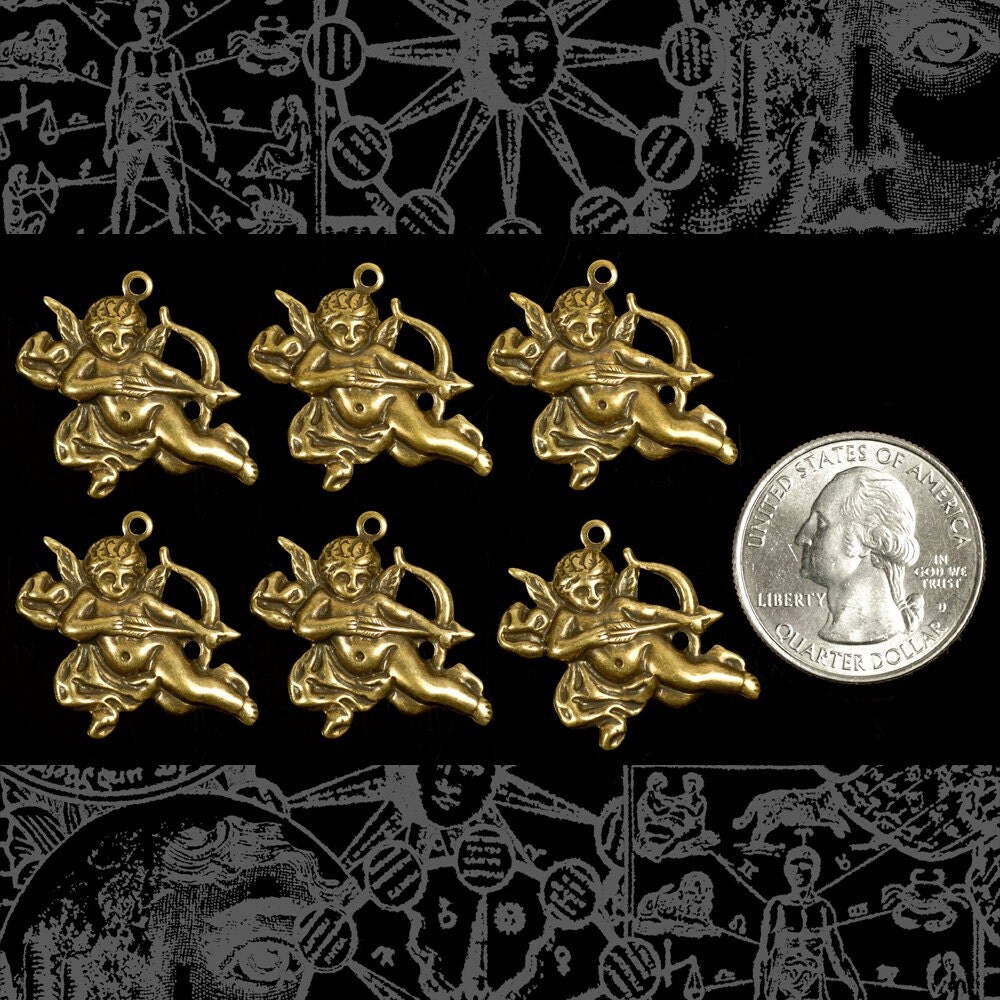 Antiqued Brass Cherub with Bow and Arrow Charms - Set of Six - AB-C78
