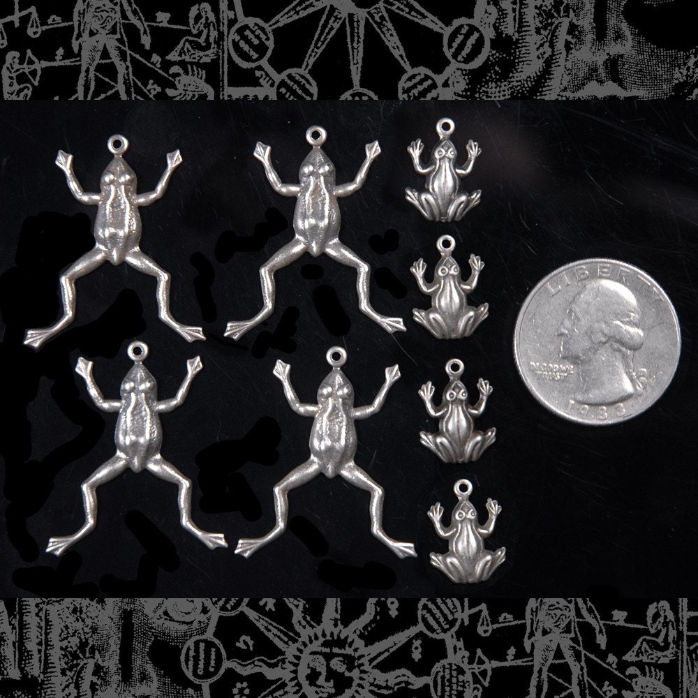 Antiqued Silver Plated Brass Frog Charms Two Kinds Leaping and Sitting - Set of Eight - S-C16