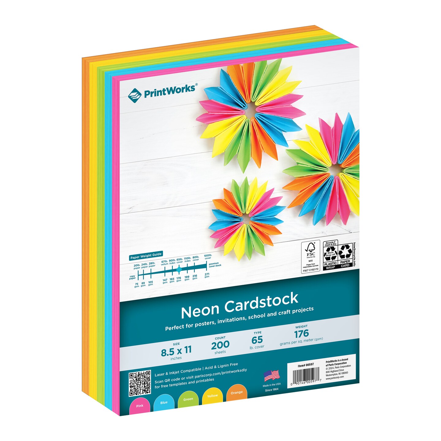 PrintWorks Neon Cardstock, 5 Assorted Colors, Solid Core, 200 Sheets, 8.5&#x201D; x 11&#x201D; (00597)