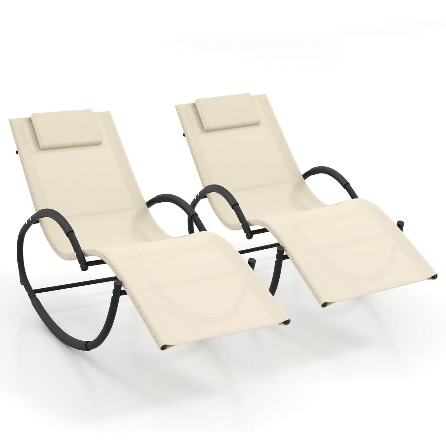 Costway 1/2 PCS Outdoor Rocking Lounge Chair with Removable Headrest Breathable Backrest &#x26; Seat Beige