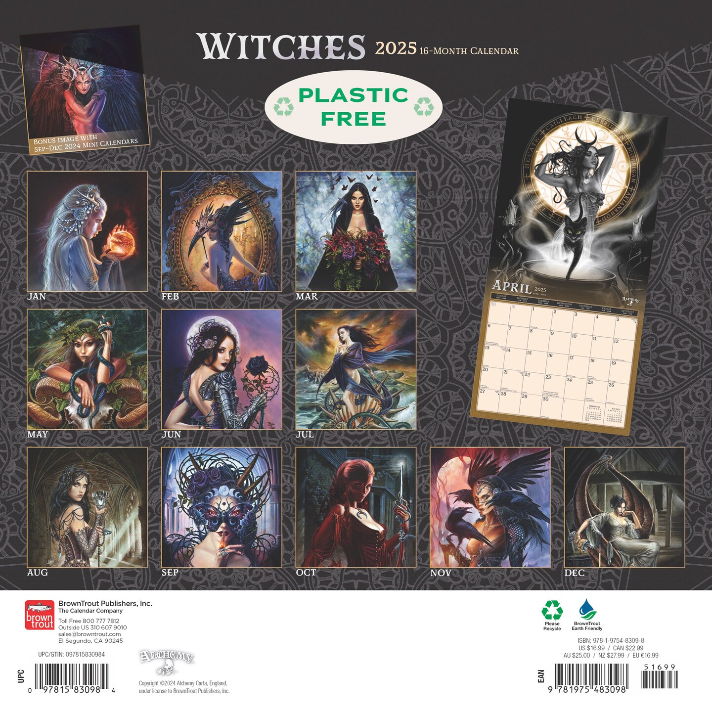 Alchemy Witches OFFICIAL | 2025 12 x 24 Inch Monthly Square Wall Calendar | Plastic-Free | BrownTrout | Manchester Artists Anti Jewellery Design