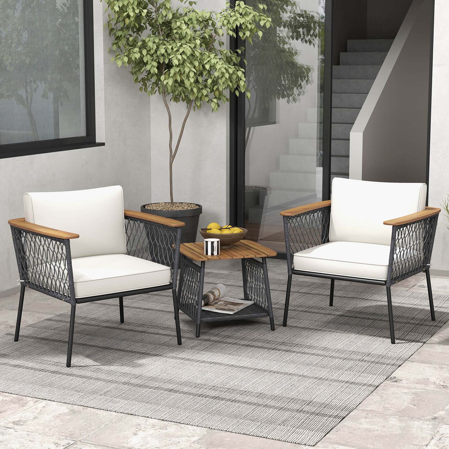 Costway 3 PCS Patio Furniture Set with 2-Tier Coffee Table Acacia Wood Armrests Tabletop