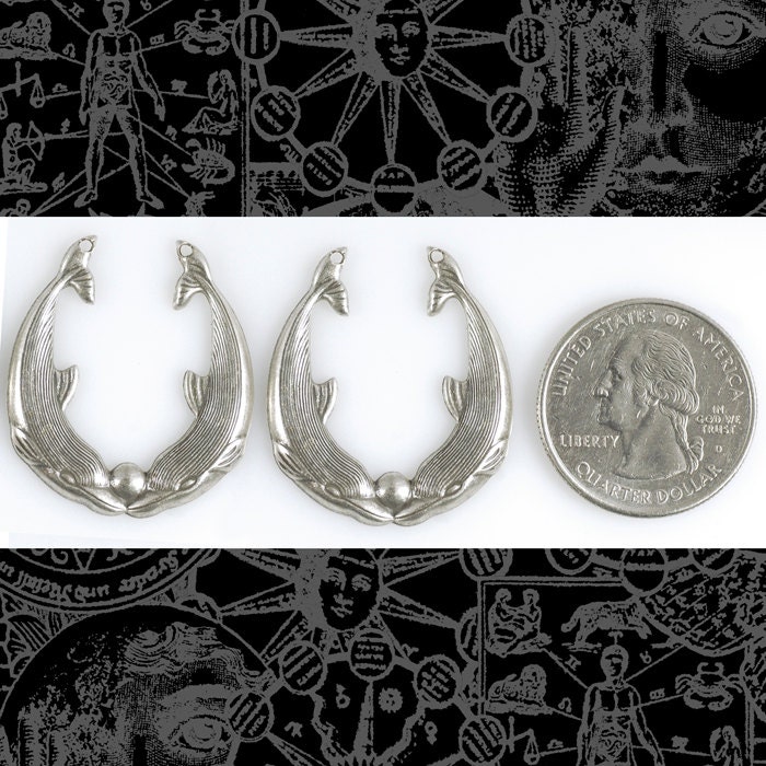 Antiqued Silver Plated Brass Double Dolphin Pendants - Set of Two - S-P48